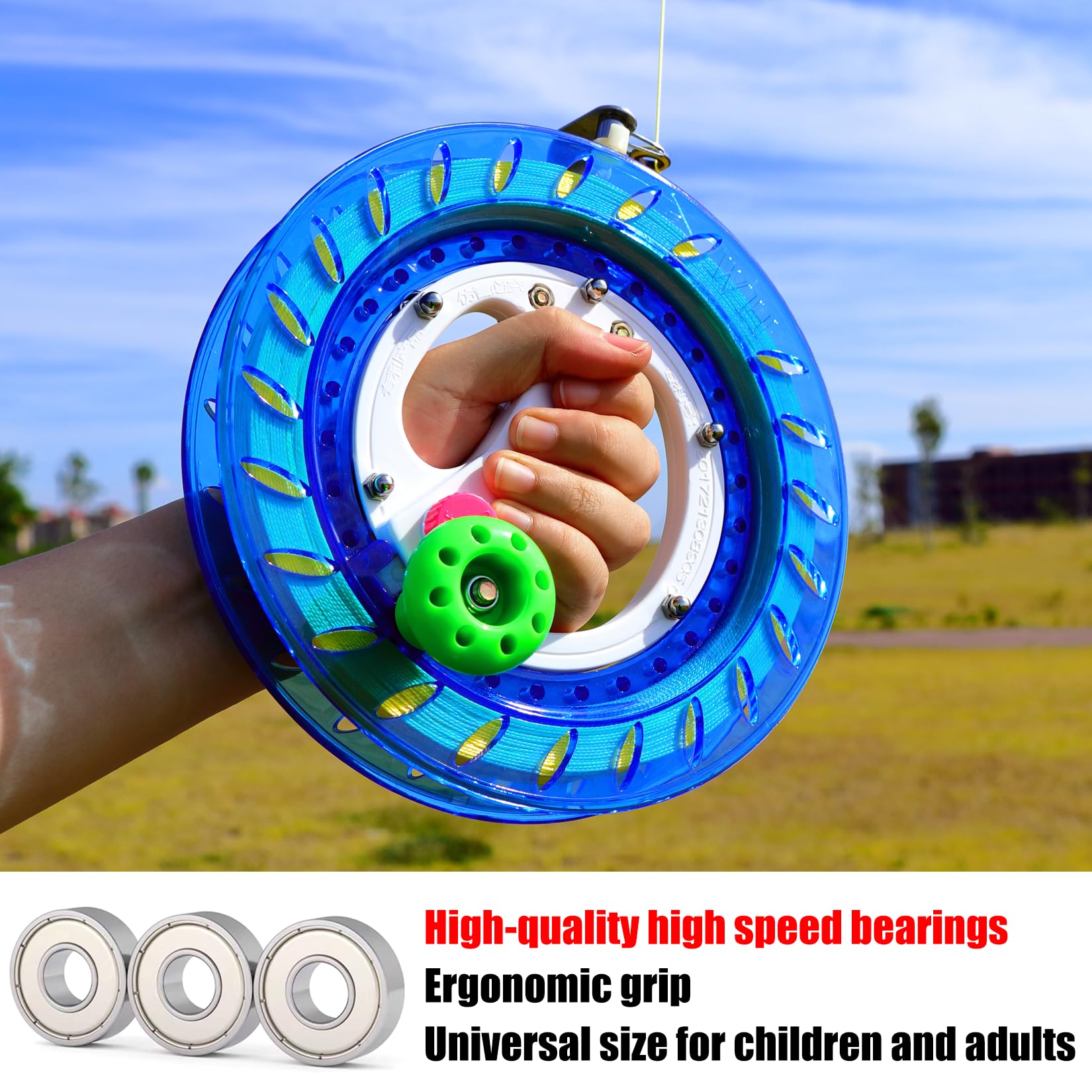 Blue Kite Reel and String Spool - 8-Inch Diameter with 1000 Feet of Line, Safety Lock, and Connectors for Easy Flying