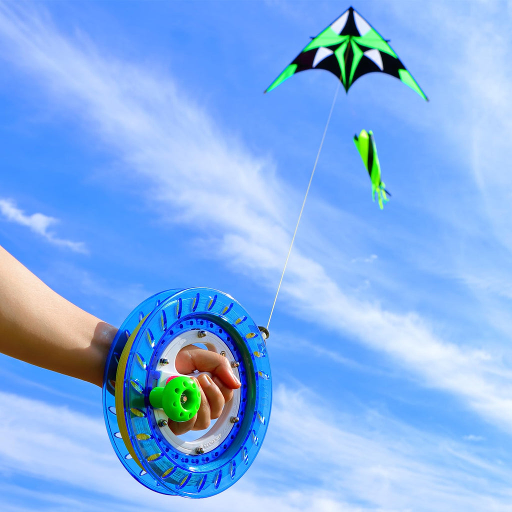 Blue Kite Reel and String Spool - 8-Inch Diameter with 1000 Feet of Line, Safety Lock, and Connectors for Easy Flying