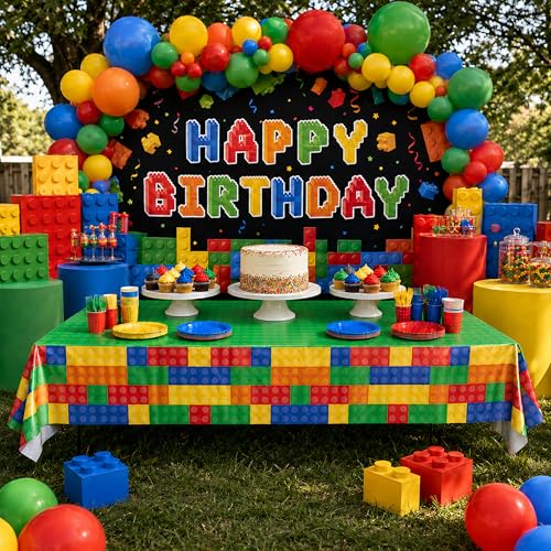Blue Orchards Brick Table Covers (Pack of 3) – 54"x108" XL Waterproof Plastic Tablecloth for Building Blocks Birthday Parties