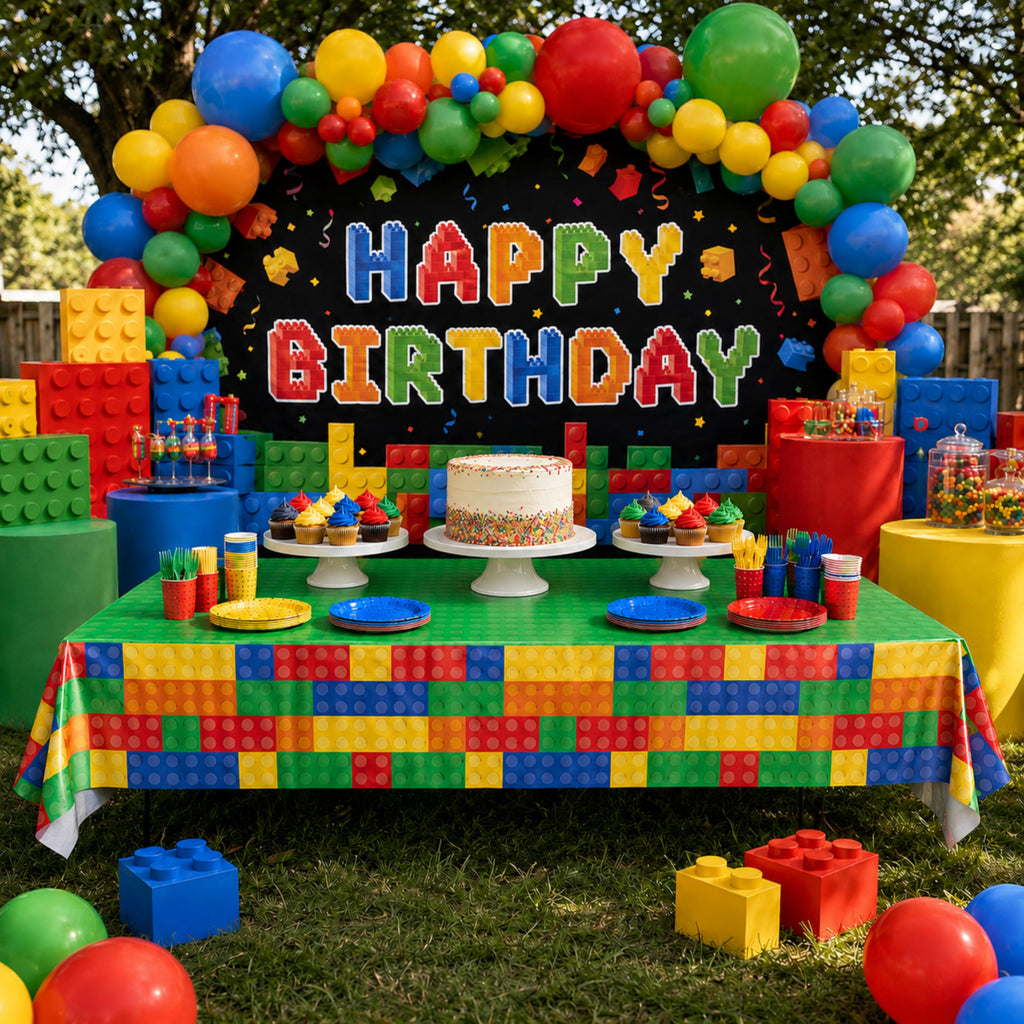 Blue Orchards Brick Table Covers (Pack of 3) – 54"x108" XL Waterproof Plastic Tablecloth for Building Blocks Birthday Parties