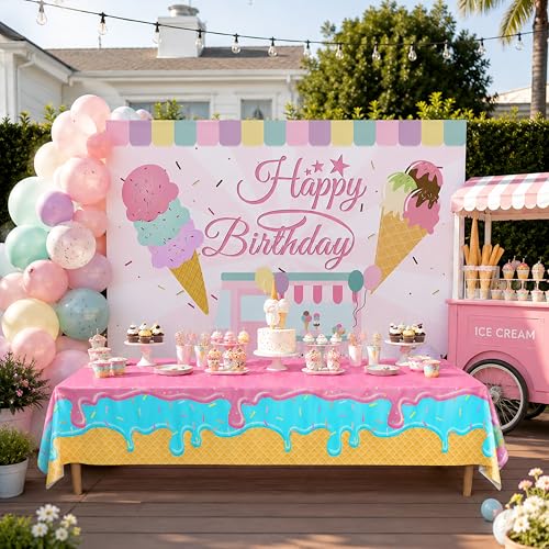 Blue Orchards Ice Cream Table Covers (Pack of 3) – Plastic Disposable Tablecloths for Birthday, Baby Shower, and Summer Parties
