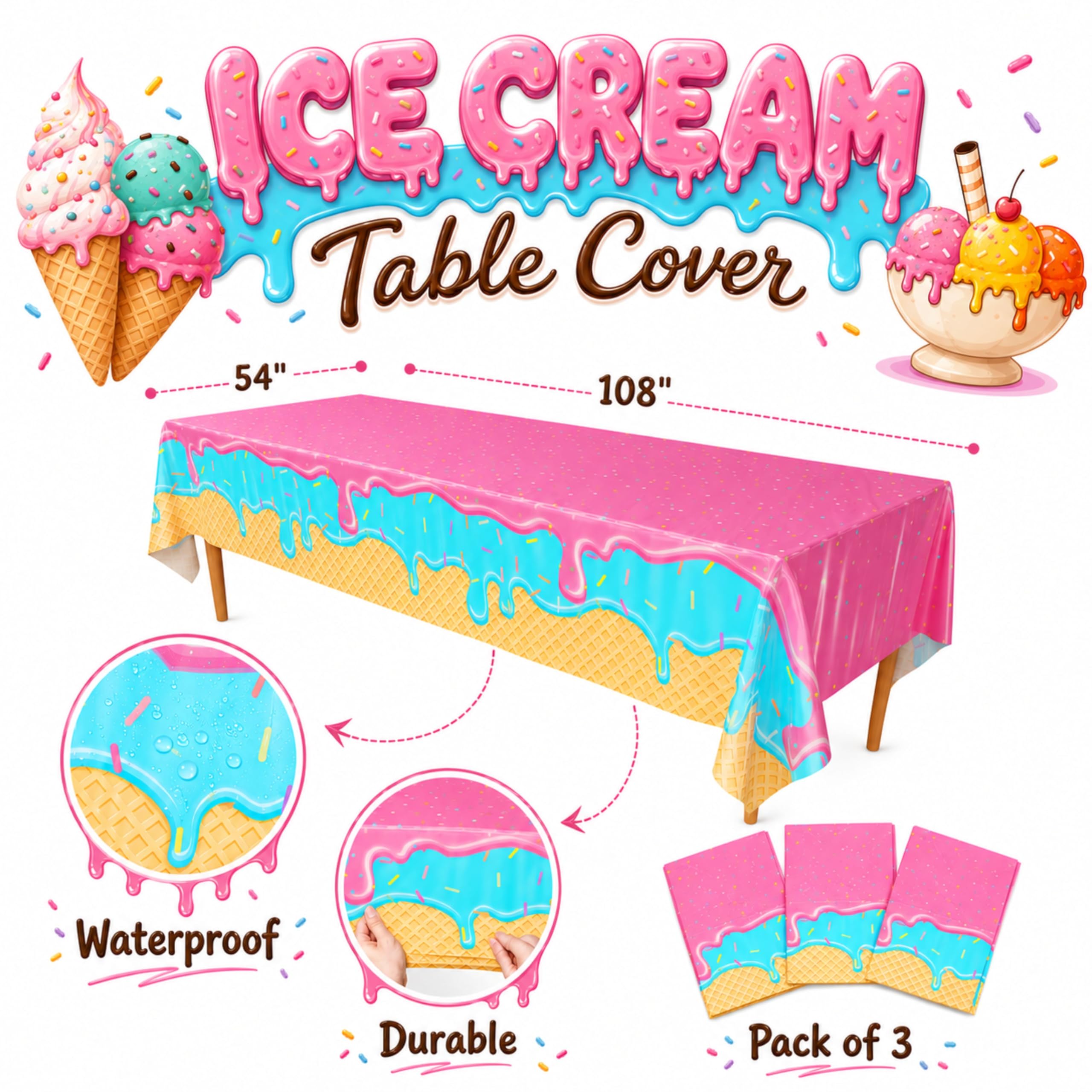 Blue Orchards Ice Cream Table Covers (Pack of 3) – Plastic Disposable Tablecloths for Birthday, Baby Shower, and Summer Parties