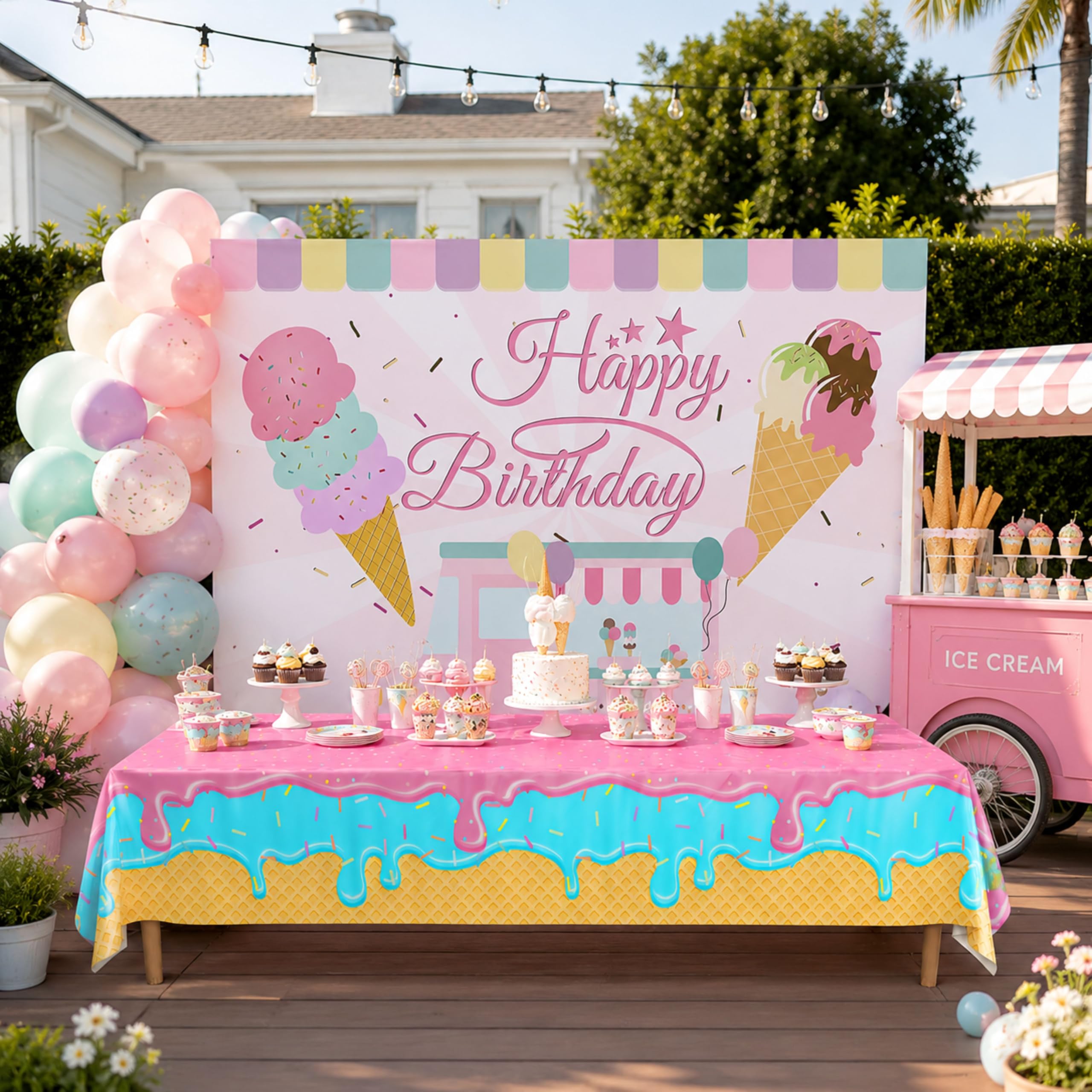 Blue Orchards Ice Cream Table Covers (Pack of 3) – Plastic Disposable Tablecloths for Birthday, Baby Shower, and Summer Parties