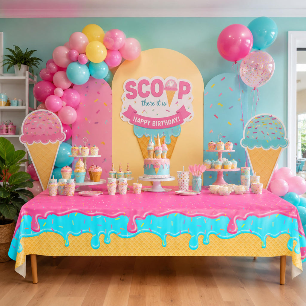 Blue Orchards Ice Cream Table Covers (Pack of 3) – Plastic Disposable Tablecloths for Birthday, Baby Shower, and Summer Parties