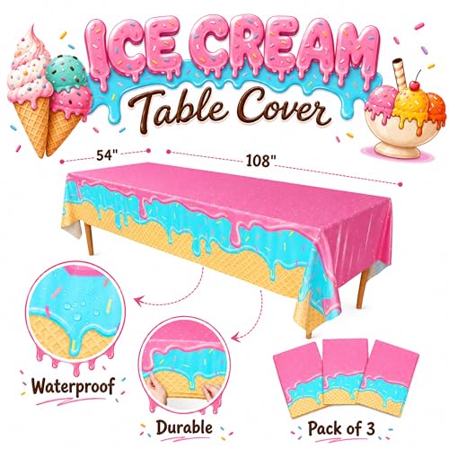 Blue Orchards Ice Cream Table Covers (Pack of 3) – Plastic Disposable Tablecloths for Birthday, Baby Shower, and Summer Parties