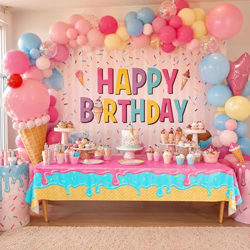 Blue Orchards Ice Cream Table Covers (Pack of 3) – Plastic Disposable Tablecloths for Birthday, Baby Shower, and Summer Parties