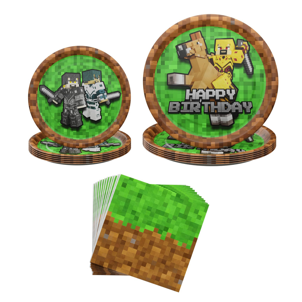 Blue Orchards Pixel Warrior Party Plates & Napkins Set for 20 Guests – 60 Pieces