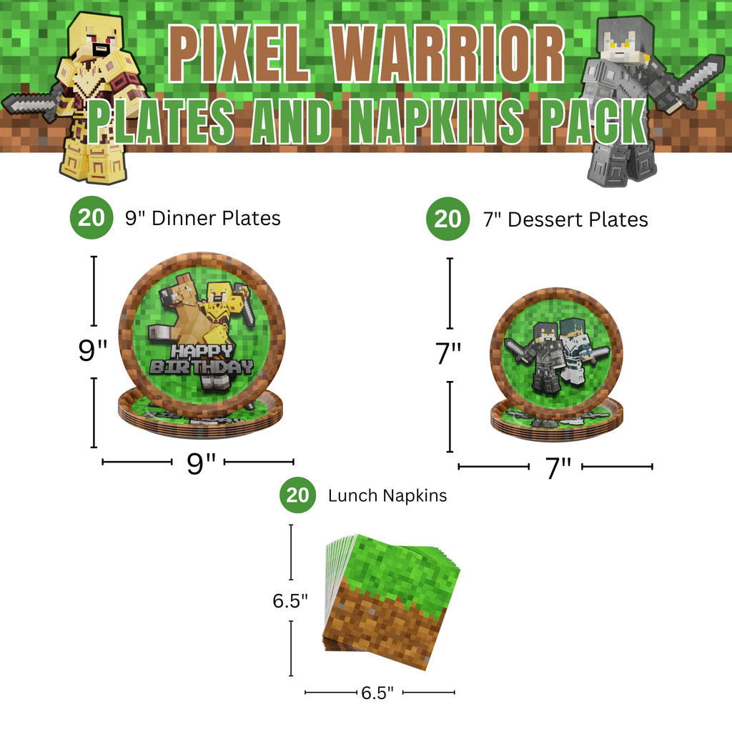 Blue Orchards Pixel Warrior Party Plates & Napkins Set for 20 Guests – 60 Pieces