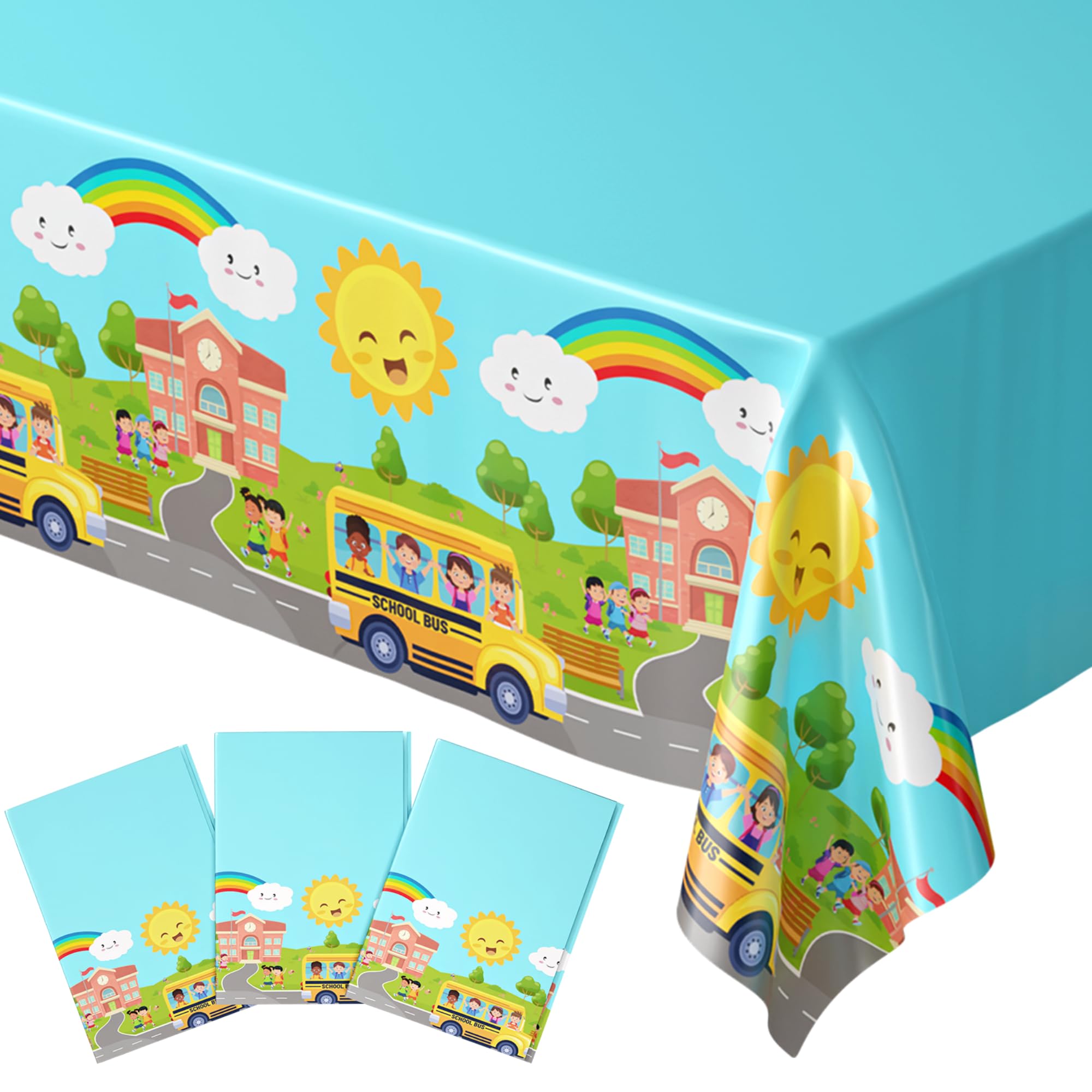 Blue Orchards School Bus Tablecovers (Pack of 3) - 54x108 Inch Plastic Rectangular Tablecloths for School Theme Parties