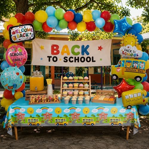Blue Orchards School Bus Tablecovers (Pack of 3) - 54x108 Inch Plastic Rectangular Tablecloths for School Theme Parties