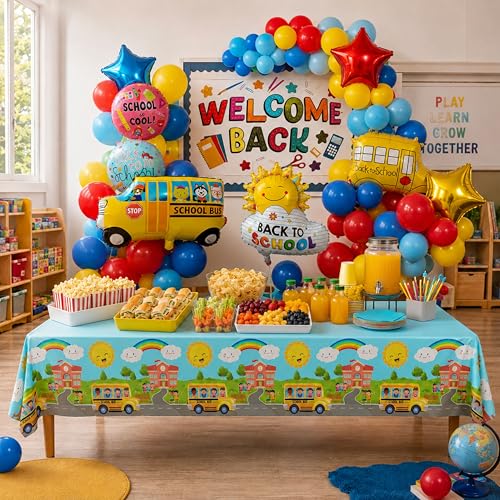 Blue Orchards School Bus Tablecovers (Pack of 3) - 54x108 Inch Plastic Rectangular Tablecloths for School Theme Parties