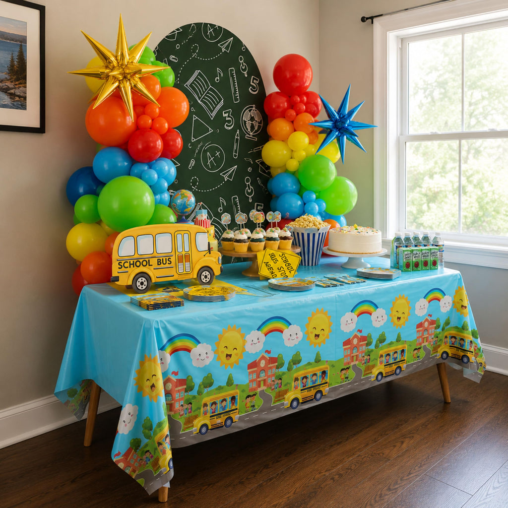 Blue Orchards School Bus Tablecovers (Pack of 3) - 54x108 Inch Plastic Rectangular Tablecloths for School Theme Parties
