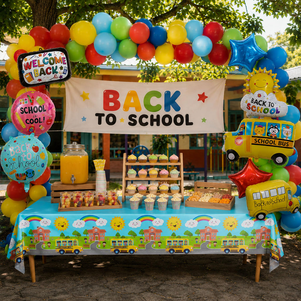 Blue Orchards School Bus Tablecovers (Pack of 3) - 54x108 Inch Plastic Rectangular Tablecloths for School Theme Parties