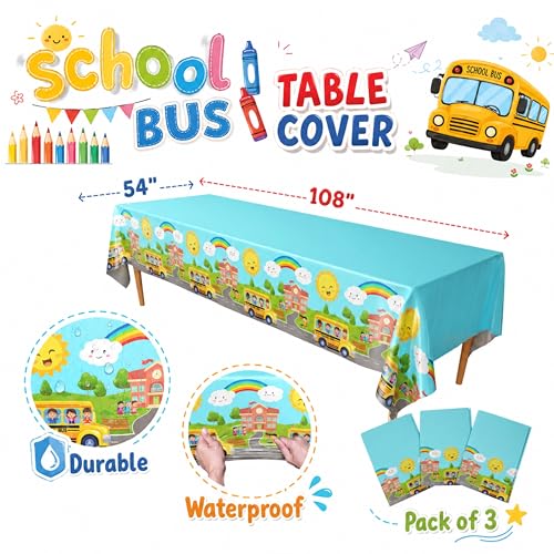 Blue Orchards School Bus Tablecovers (Pack of 3) - 54x108 Inch Plastic Rectangular Tablecloths for School Theme Parties