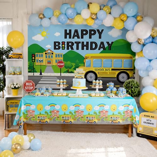 Blue Orchards School Bus Tablecovers (Pack of 3) - 54x108 Inch Plastic Rectangular Tablecloths for School Theme Parties