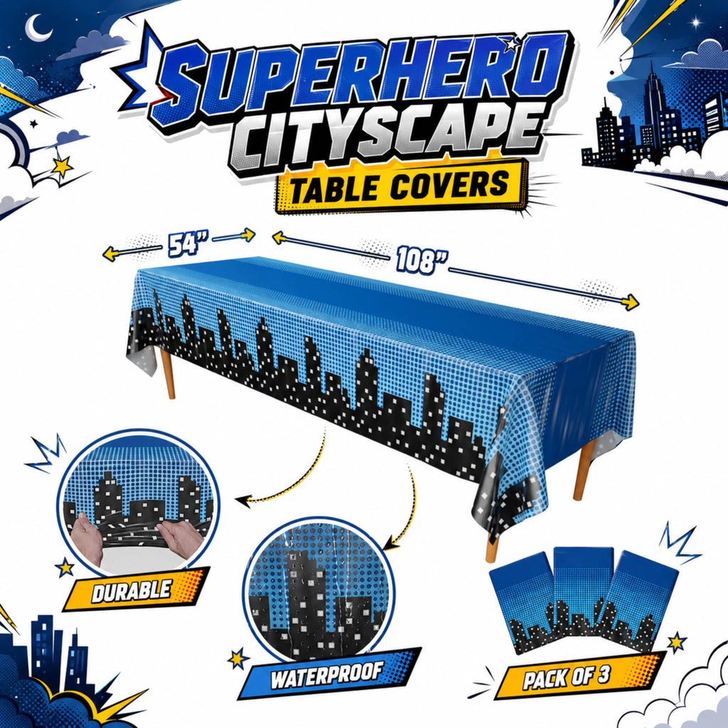 Blue Orchards Superhero Cityscape Table Covers (Pack of 3) - 108x54 Inch Plastic Party Tablecloth