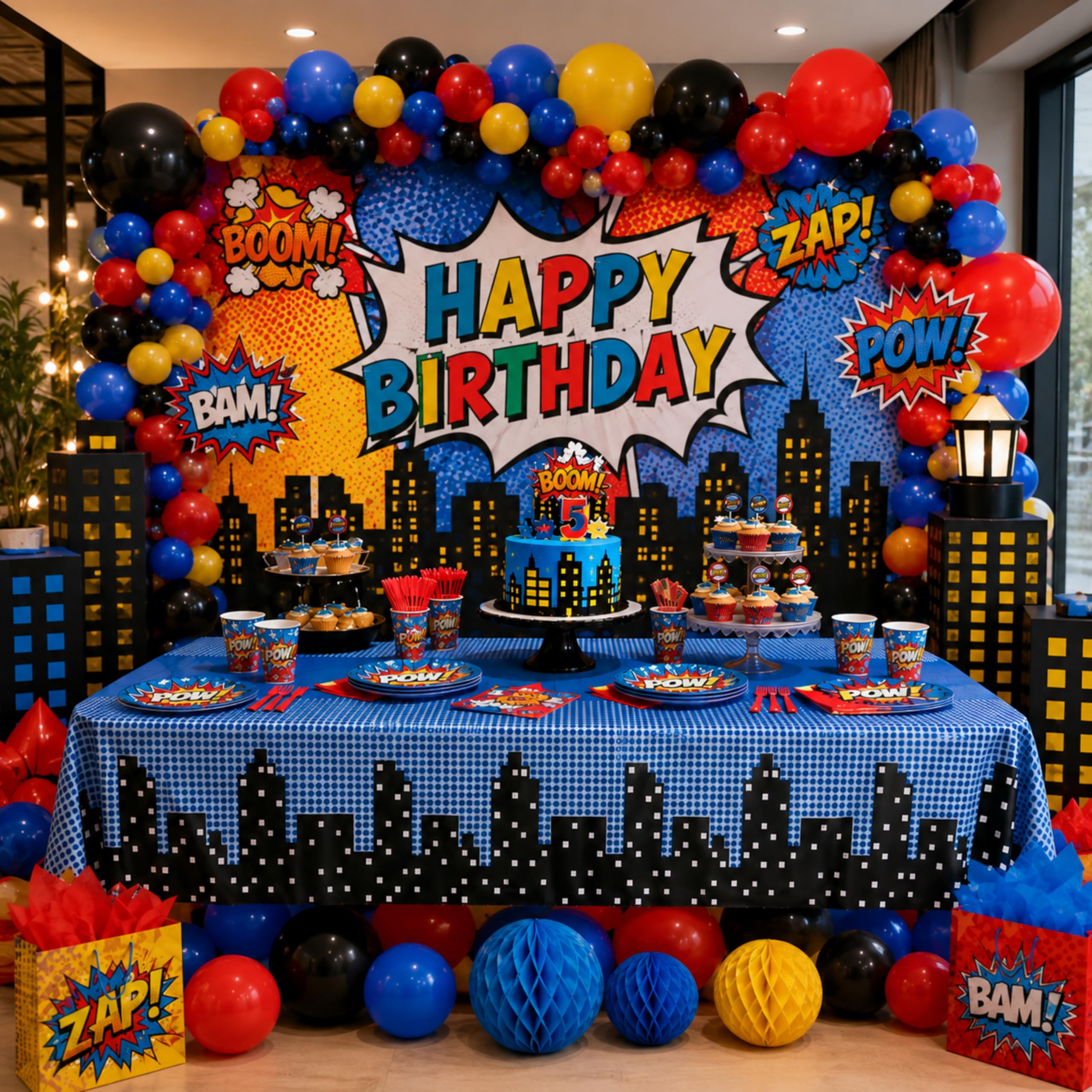Blue Orchards Superhero Cityscape Table Covers (Pack of 3) - 108x54 Inch Plastic Party Tablecloth