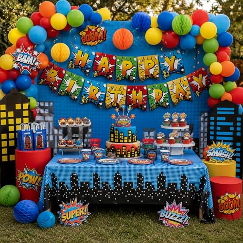 Blue Orchards Superhero Cityscape Table Covers (Pack of 3) - 108x54 Inch Plastic Party Tablecloth