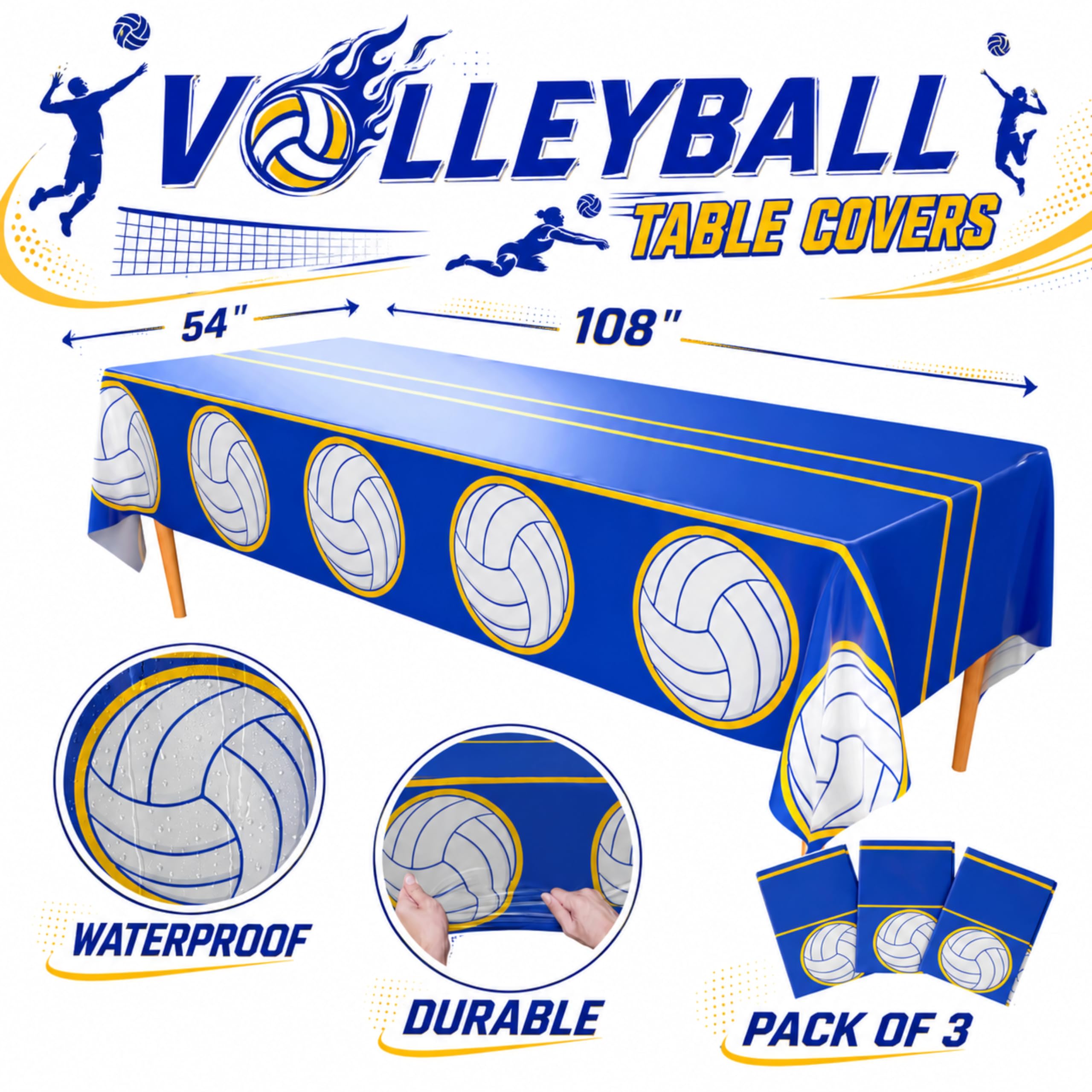 Blue Orchards Volleyball Table Covers (Pack of 3) – 108"x54" Plastic Party Decorations
