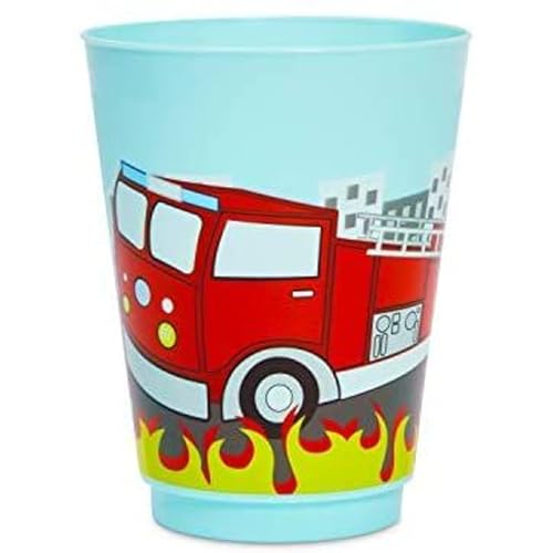BLUE PANDA Plastic Fire Truck Cups - 16 oz, Pack of 16, Reusable Kids Party Cups