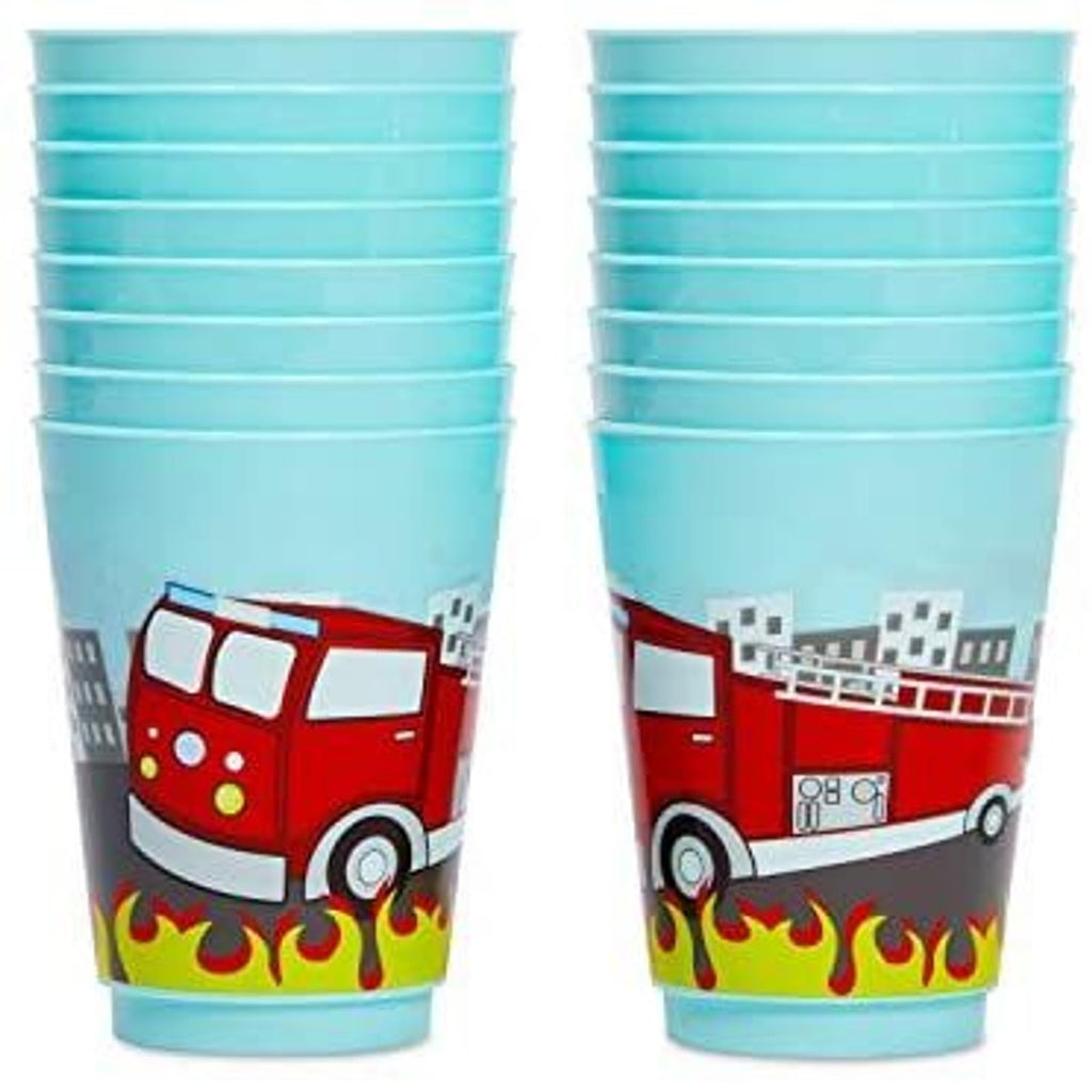 BLUE PANDA Plastic Fire Truck Cups - 16 oz, Pack of 16, Reusable Kids Party Cups