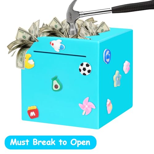Blue Piggy Bank for Adults and Kids – Durable ABS Money Box, Must Break to Open, DIY Stickers Included (4.72 Inch)