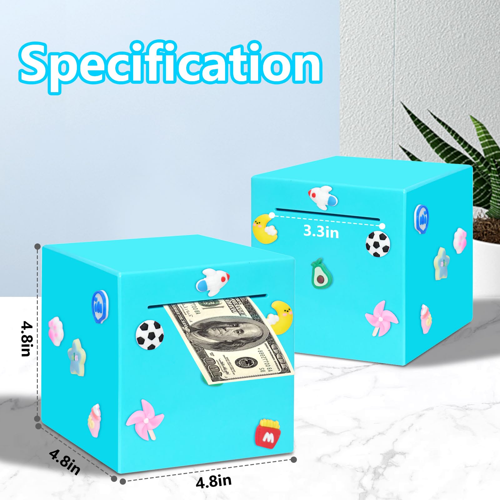 Blue Piggy Bank for Adults and Kids – Durable ABS Money Box, Must Break to Open, DIY Stickers Included (4.72 Inch)