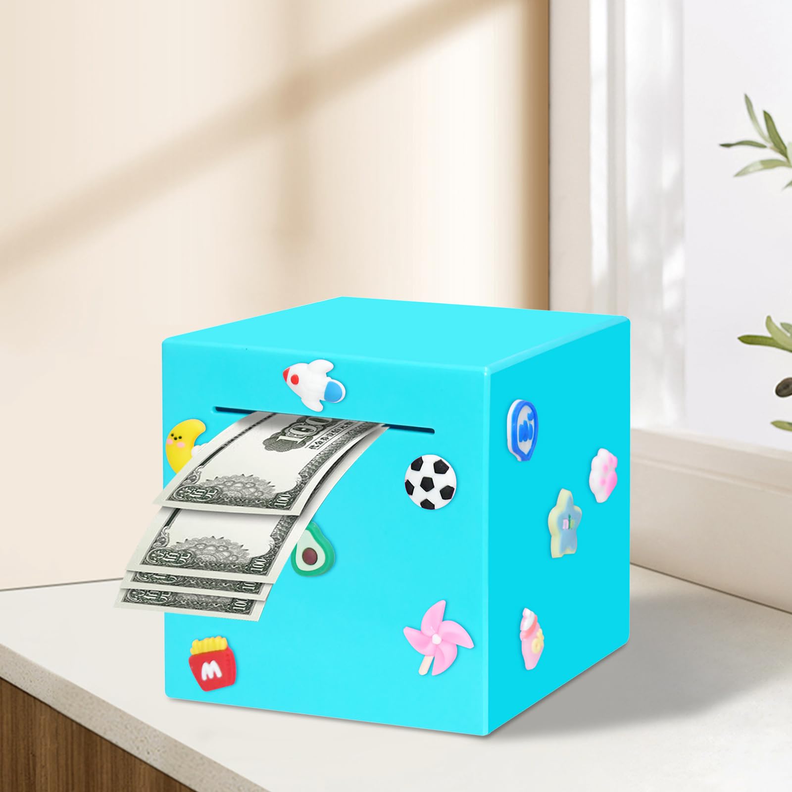 Blue Piggy Bank for Adults and Kids – Durable ABS Money Box, Must Break to Open, DIY Stickers Included (4.72 Inch)