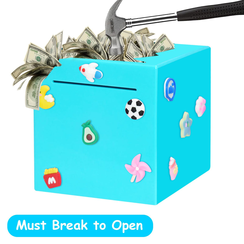 Blue Piggy Bank for Adults and Kids – Durable ABS Money Box, Must Break to Open, DIY Stickers Included (4.72 Inch)