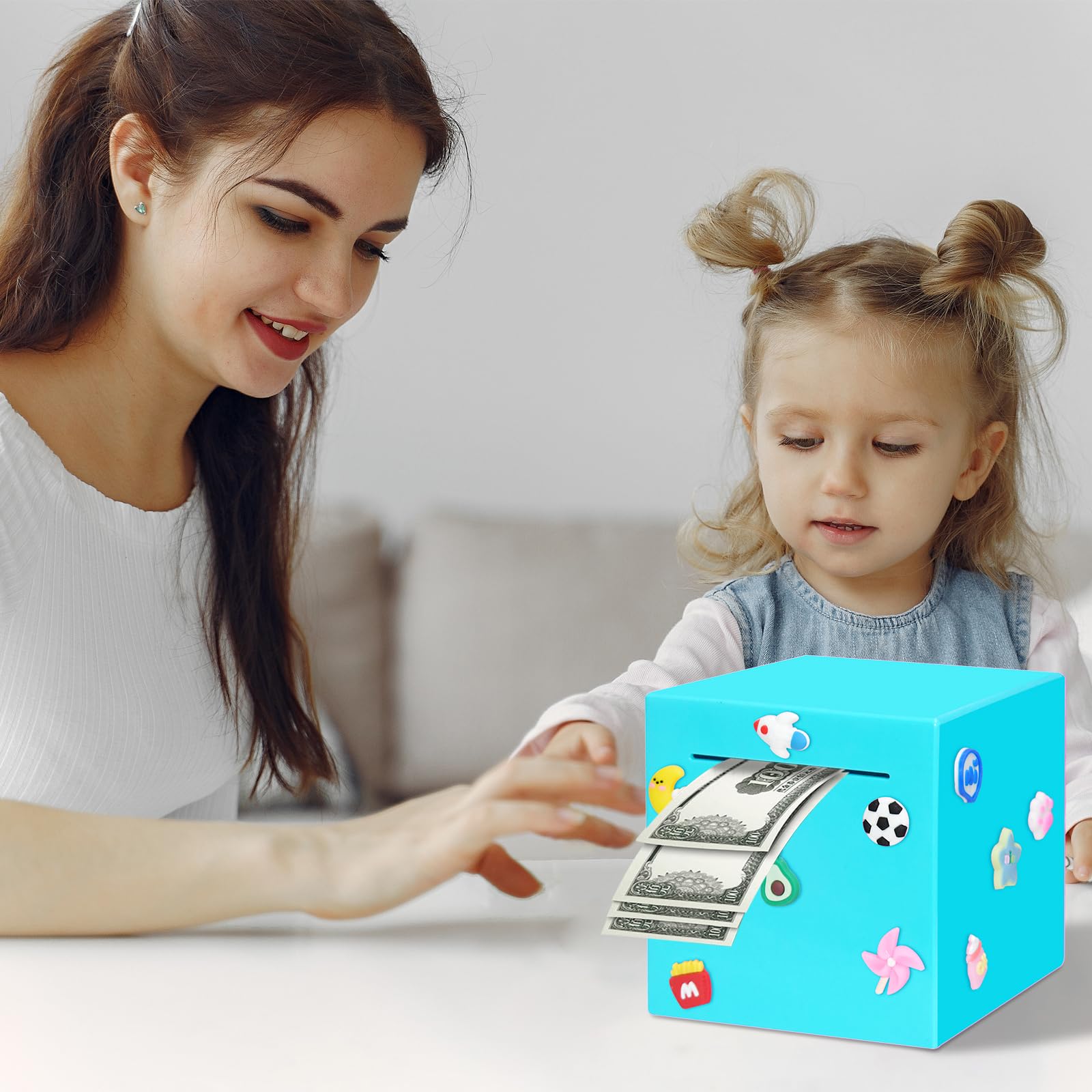 Blue Piggy Bank for Adults and Kids – Durable ABS Money Box, Must Break to Open, DIY Stickers Included (4.72 Inch)