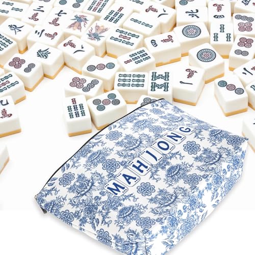 Blue Printed Zippered Mahjong Tiles Bag, 13x7.8 Inch, for 1.2 Inch Standard American Tiles (Case Only)
