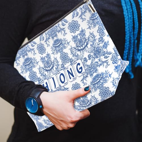 Blue Printed Zippered Mahjong Tiles Bag, 13x7.8 Inch, for 1.2 Inch Standard American Tiles (Case Only)