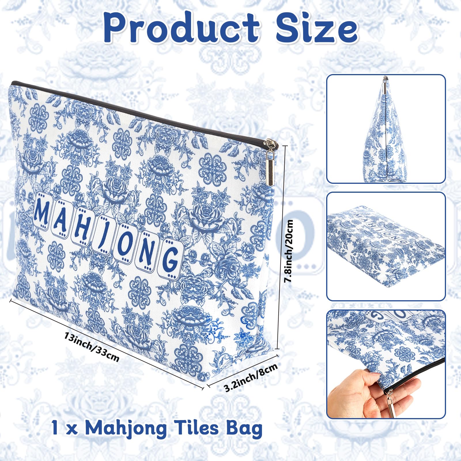 Blue Printed Zippered Mahjong Tiles Bag, 13x7.8 Inch, for 1.2 Inch Standard American Tiles (Case Only)