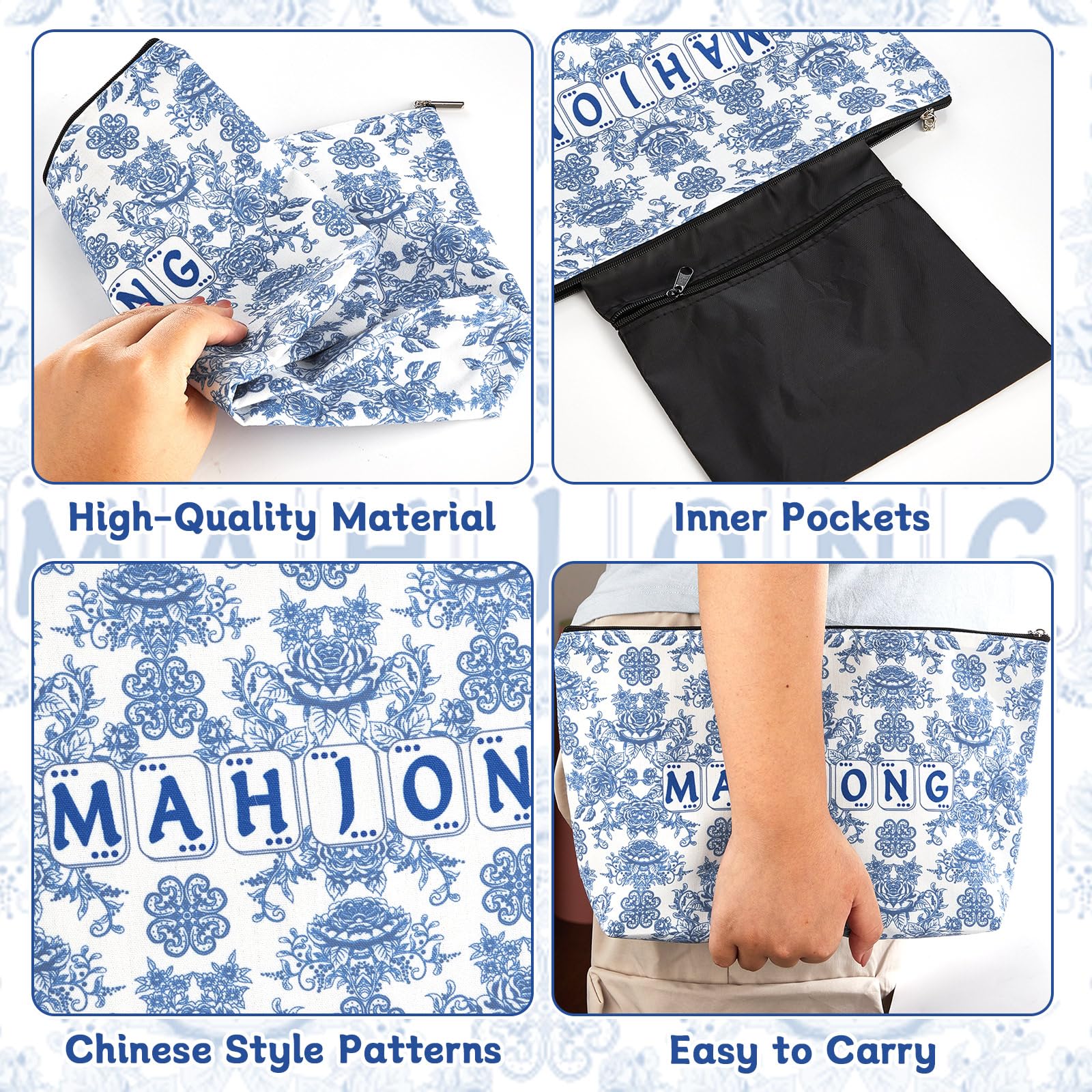 Blue Printed Zippered Mahjong Tiles Bag, 13x7.8 Inch, for 1.2 Inch Standard American Tiles (Case Only)