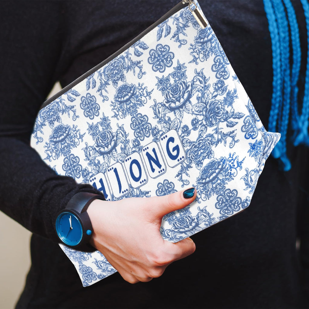 Blue Printed Zippered Mahjong Tiles Bag, 13x7.8 Inch, for 1.2 Inch Standard American Tiles (Case Only)