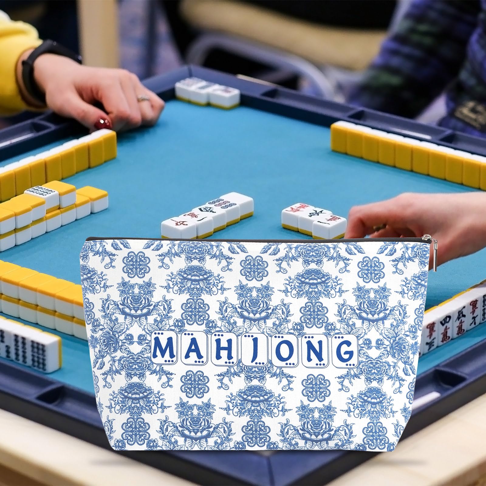 Blue Printed Zippered Mahjong Tiles Bag, 13x7.8 Inch, for 1.2 Inch Standard American Tiles (Case Only)