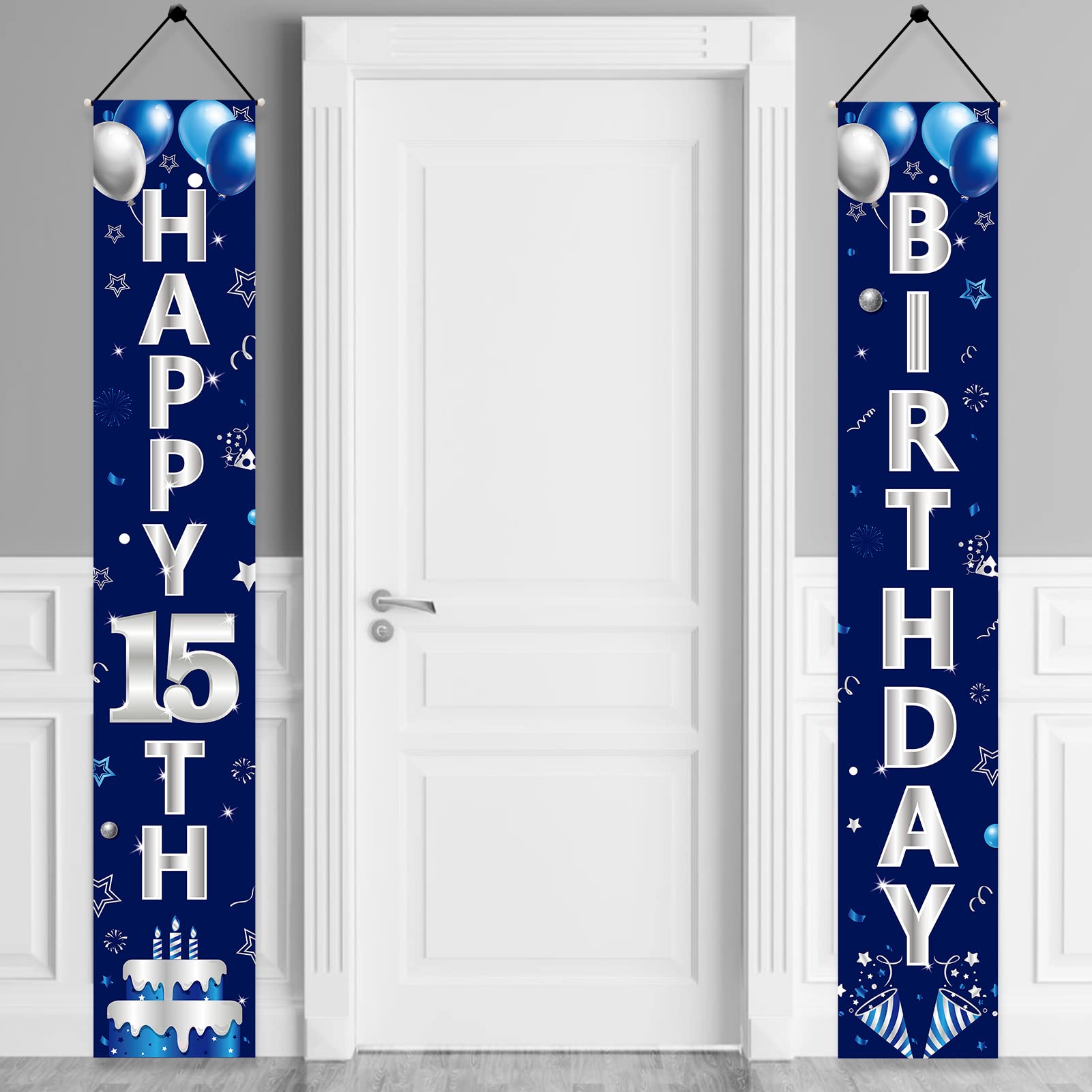 Blue Silver 15th Birthday Door Banner Set for Boys – Turypaty Happy 15th Party Decor