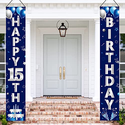 Blue Silver 15th Birthday Door Banner Set for Boys – Turypaty Happy 15th Party Decor