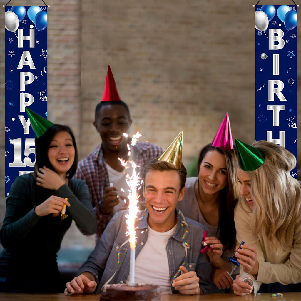 Blue Silver 15th Birthday Door Banner Set for Boys – Turypaty Happy 15th Party Decor
