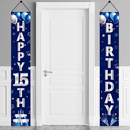 Blue Silver 15th Birthday Door Banner Set for Boys – Turypaty Happy 15th Party Decor