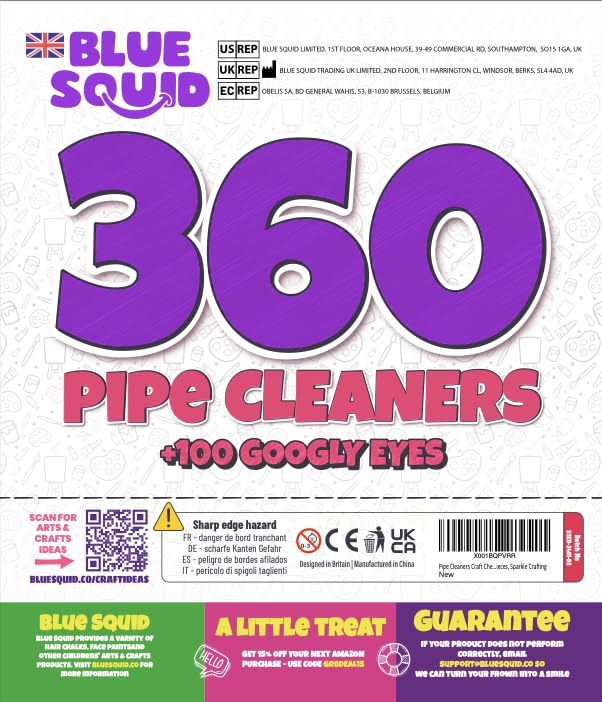 Blue Squid 460-Piece Chenille Stems & Googly Eyes Craft Set - 360 Flexible Pipe Cleaners in 35 Colors plus 100 Eyes