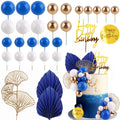 Blue White Gold Ball Cake Toppers Set - 25 Foam Balls, Palm Leaves & Birthday Toppers - MEMOVAN