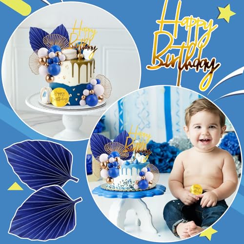 Blue White Gold Ball Cake Toppers Set - 25 Foam Balls, Palm Leaves & Birthday Toppers - MEMOVAN