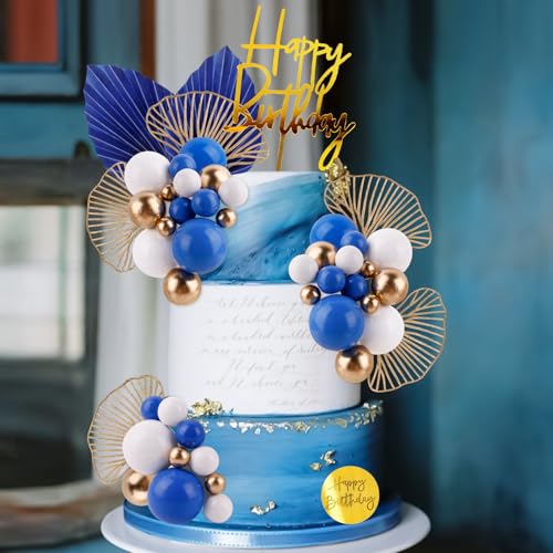 Blue White Gold Ball Cake Toppers Set - 25 Foam Balls, Palm Leaves & Birthday Toppers - MEMOVAN