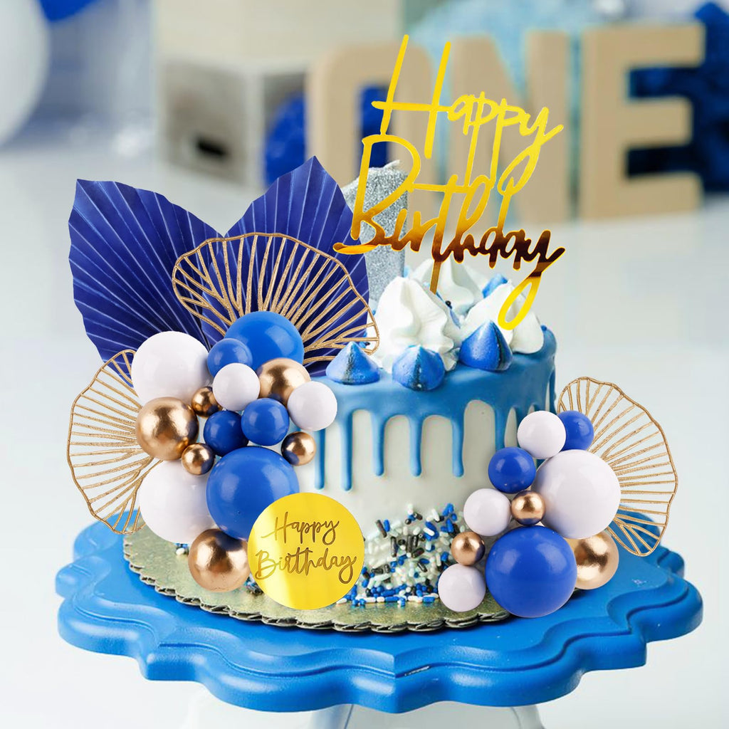 Blue White Gold Ball Cake Toppers Set - 25 Foam Balls, Palm Leaves & Birthday Toppers - MEMOVAN