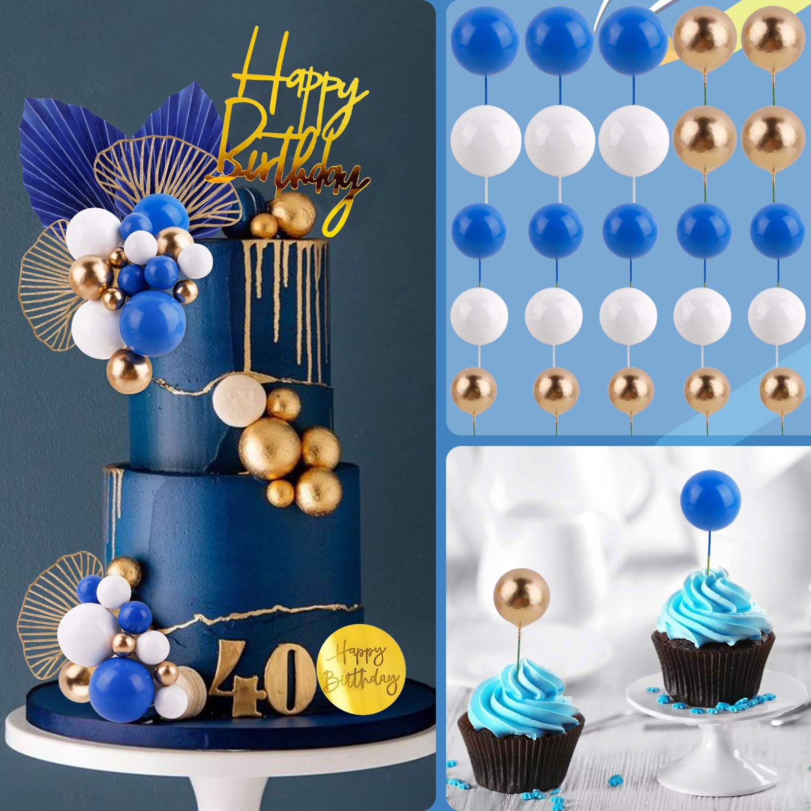 Blue White Gold Ball Cake Toppers Set - 25 Foam Balls, Palm Leaves & Birthday Toppers - MEMOVAN