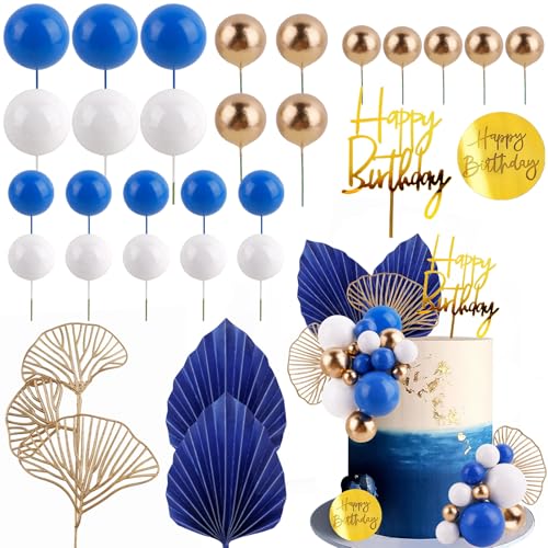 Blue White Gold Ball Cake Toppers Set - 25 Foam Balls, Palm Leaves & Birthday Toppers - MEMOVAN
