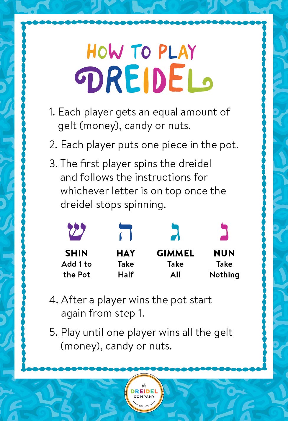 Blue & White Wooden Hanukkah Dreidels – 4-Pack Hand Painted with English Translation and Game Cards by The Dreidel Company