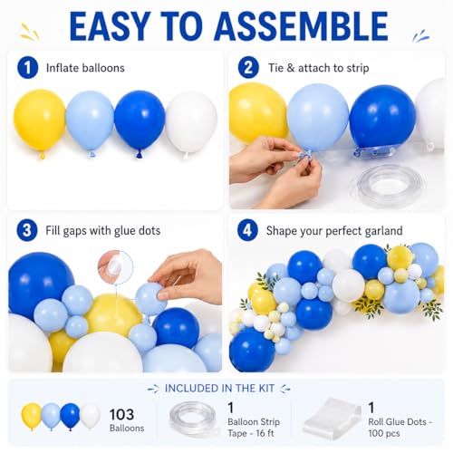 Blue Yellow White Balloon Arch Kit – 105 Latex Balloons for Graduation, Birthday & Party Decor