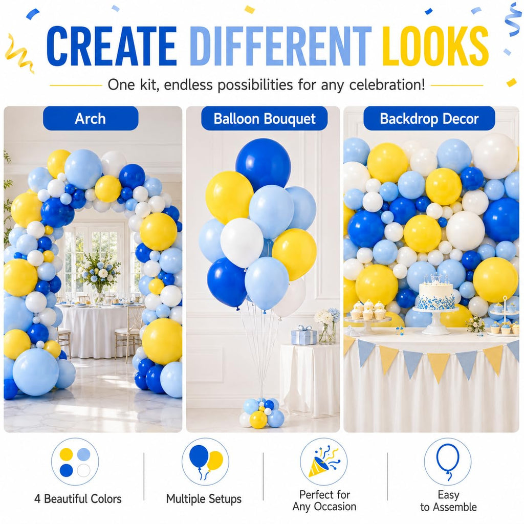 Blue Yellow White Balloon Arch Kit – 105 Latex Balloons for Graduation, Birthday & Party Decor